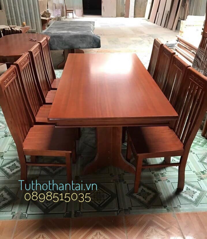 Bàn ăn gỗ Cao Su mặt phủ gỗ Sồi chân V