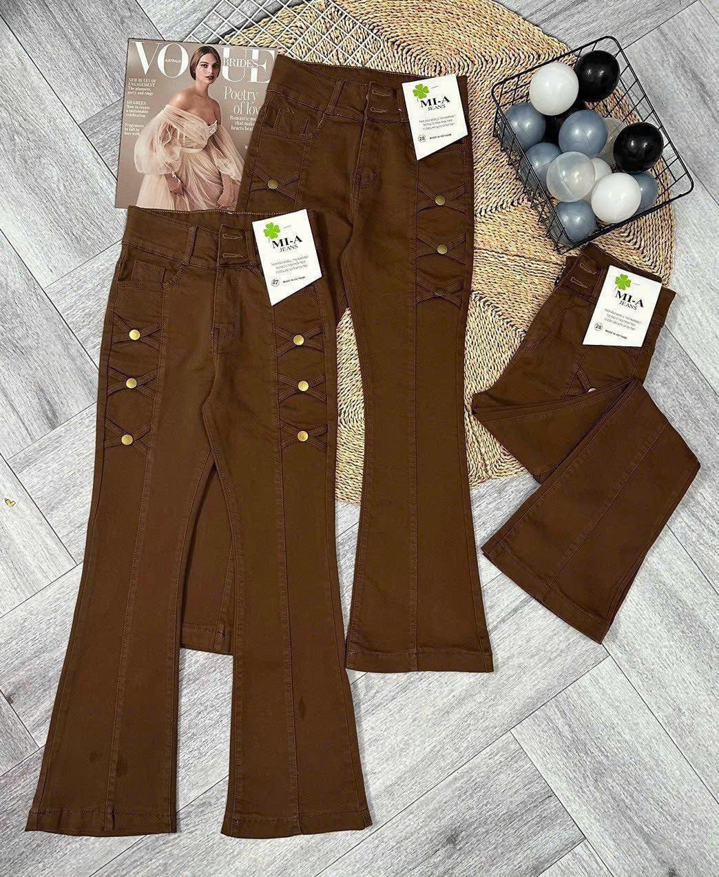 Quần jeans nữ lưng cao đùi nơ x 3 nút vải jeans cotton co giãn tốt