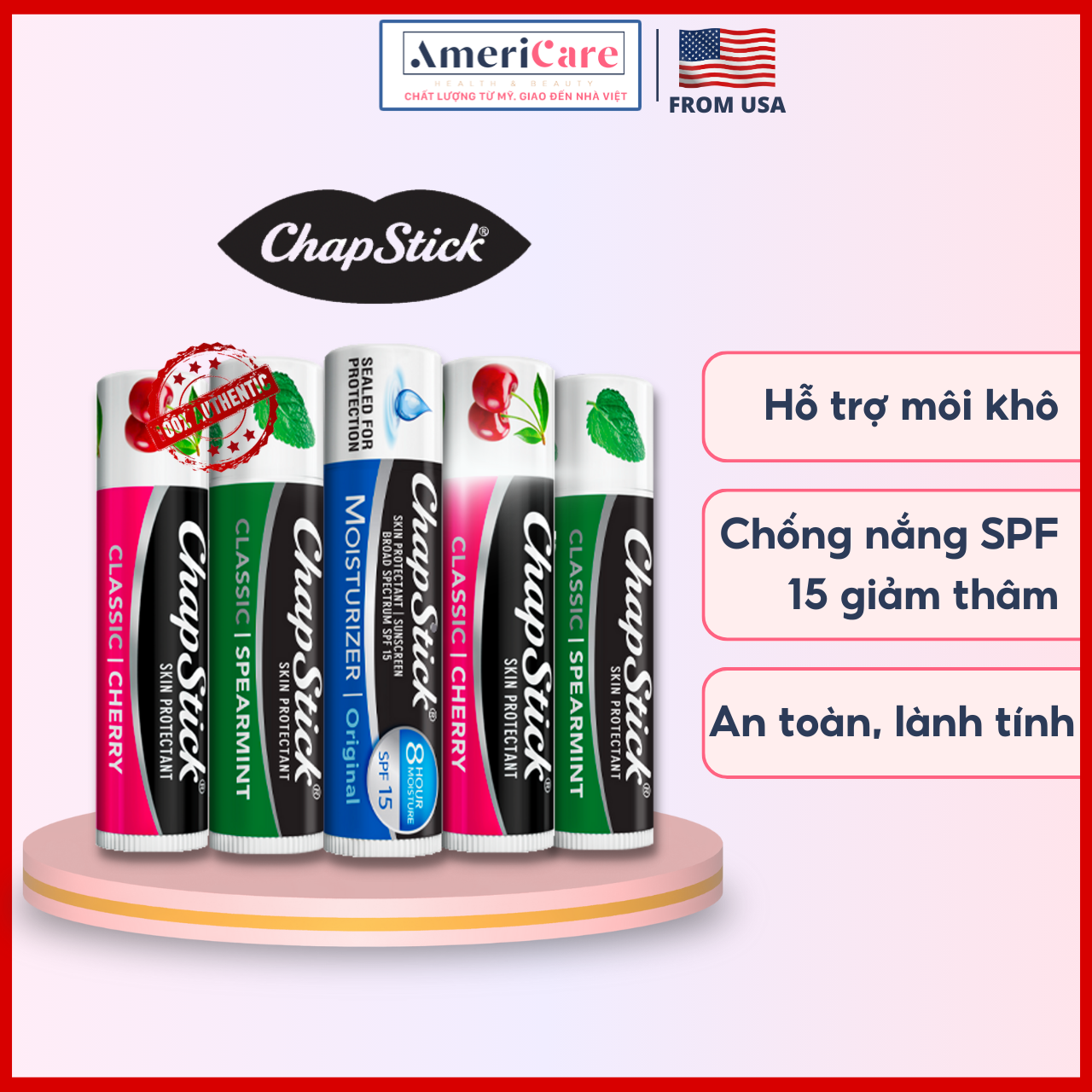 SON DƯỠNG MÔI CHAPSTICK Son Dưỡng Ẩm  SPF 15 (đủ mùi, son dưỡng môi không màu-Bill Mỹ)