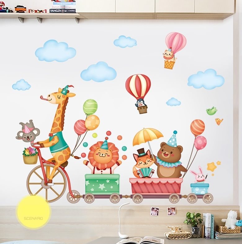 Decal dán tường Thú đi xe đạp
