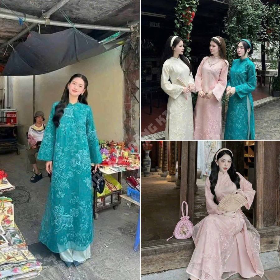 Áo dài cách tân nữ 4 tà dáng suông thêu hoạ tiết kỳ lân tay duyên dáng chụp hình xinh xắn, Áo dài truyền thống nữ dự tiệc lễ tết màu Xanh Be Hồng