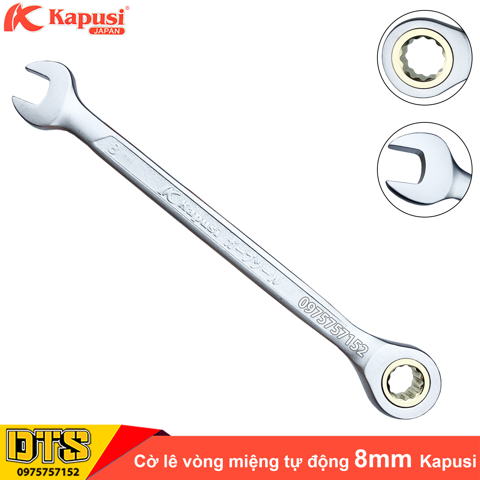 Cờ lê vòng miệng tự động 8mm Kapusi Japan, thép CR-V chịu lực cao 50BV30, đầu tròng xoay bánh cóc 72 răng - Cờ lê tự động xoay 360 độ, cờ lê bánh có, cờ lê tròng xoay