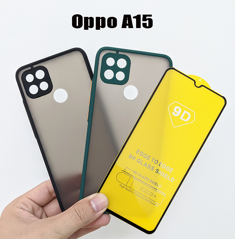 Combo ốp lưng nhám viền cao su và kính cường lực Oppo A15