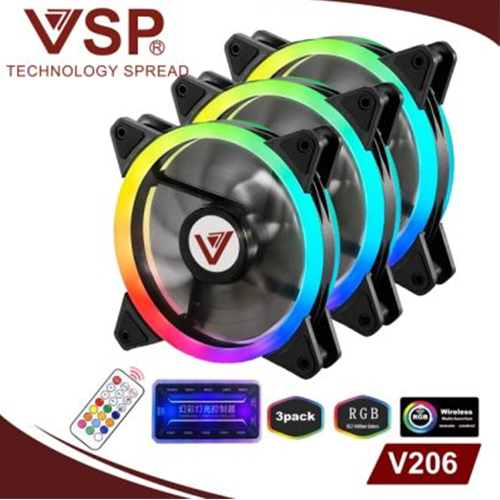 [HCM]Combo bộ 3 Fan led RGB 2 mặt VSP V206B +Hub + Remote