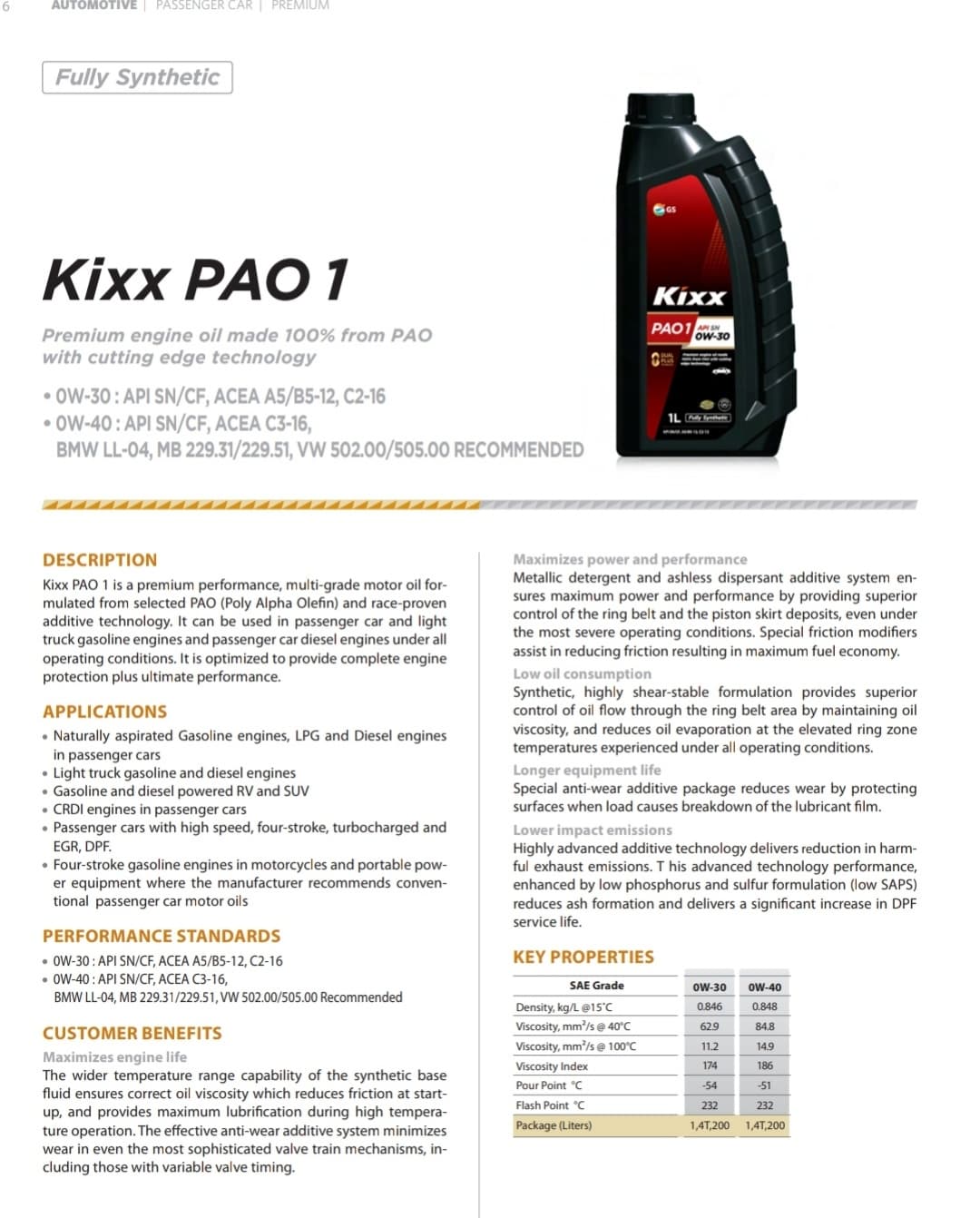 NHỚT KIXX PAO 1- 0W30 API SN- 4L