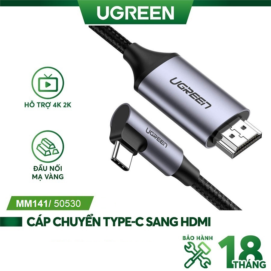 Ugreen 50530 2m black USB type C to right angle 90 degree to 4K HDMI interface metal head anti-interference