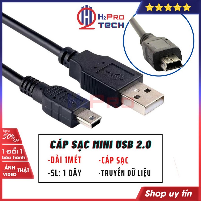 Cáp mini usb v3, dây cáp chuyển đổi usb 2.0 ra mini usb v3 chân vuông, dài 1m chống nhiễu, bền bỉ-h2pro tech