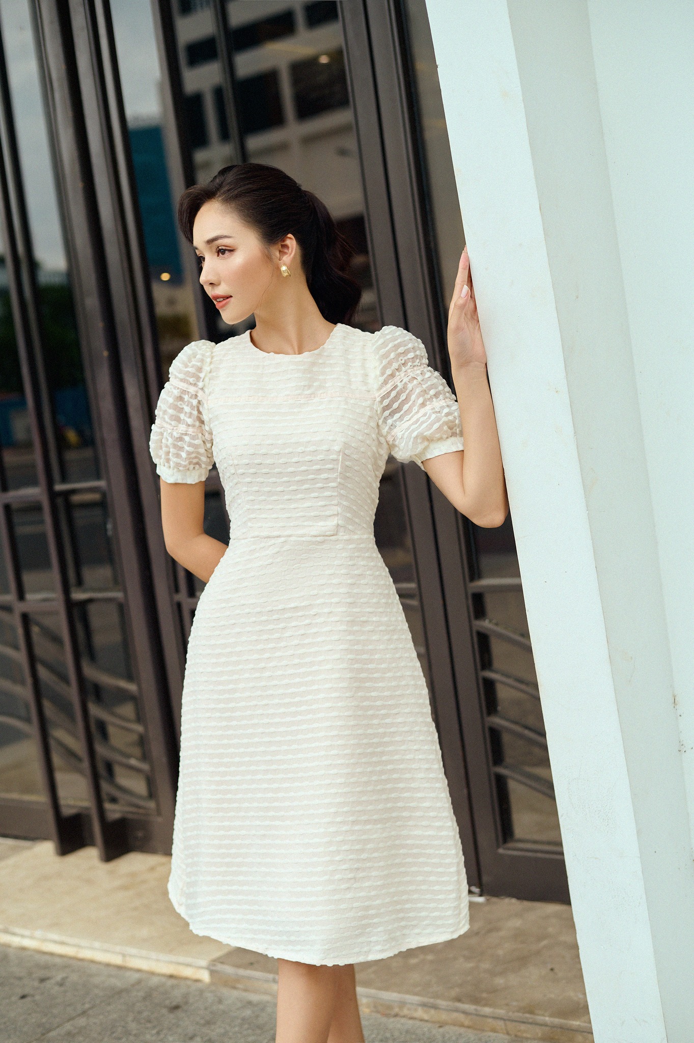 OLV - Đầm Pleating Sleeve Grey Dress