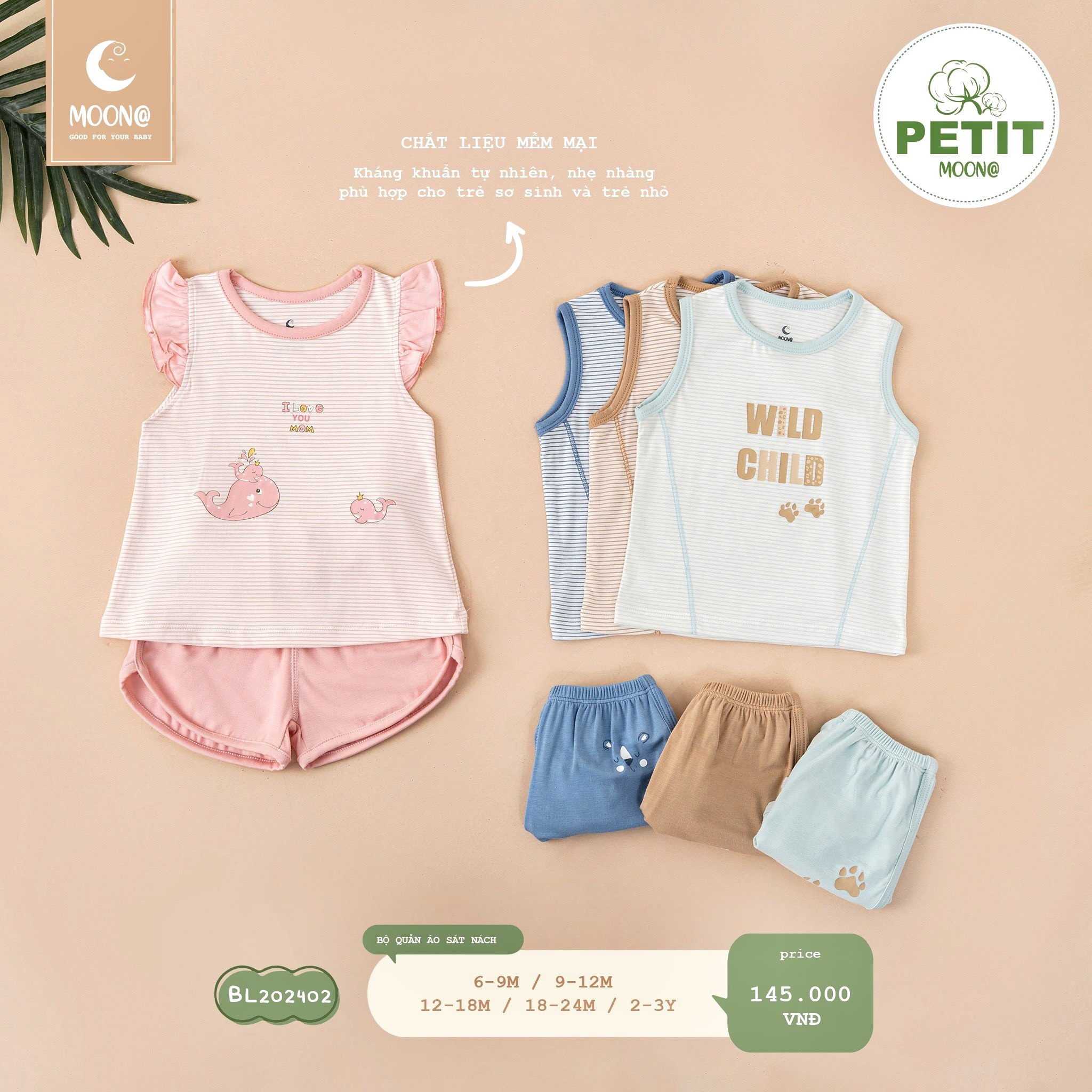 [MOON] Bộ ba lỗ moon chất petit cho bé trai/bé gái