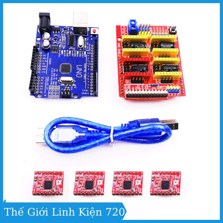 Combo Arduino Uno R3 dán + Shield Uno R3 + 4 Module A4988 V1