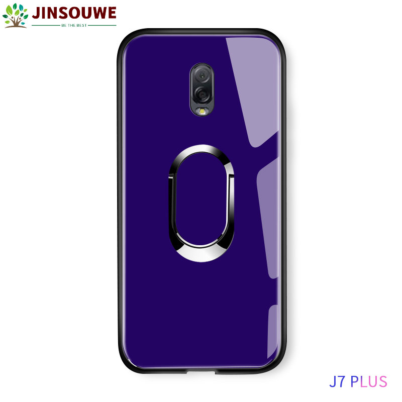 For Samsung Galaxy J7 Plus \ C8 \ J7310 \ C7 2017 Luxury Solid 360 Rotatable Magnetic Ring Holder Stand Case J7+ Tempered Glass Casing Protective Phone Back Shockproof Cover
