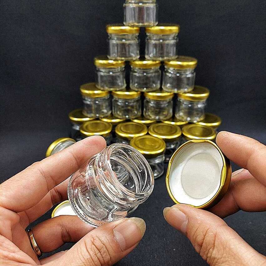 Hũ Thủy Tinh Nhỏ 30ML (combo 30 cái) mẫu trụ tròn nắp thiếc vàng – Lọ Thủy Tinh Mini đựng mật ong, thực phẩm, mỹ phẩm