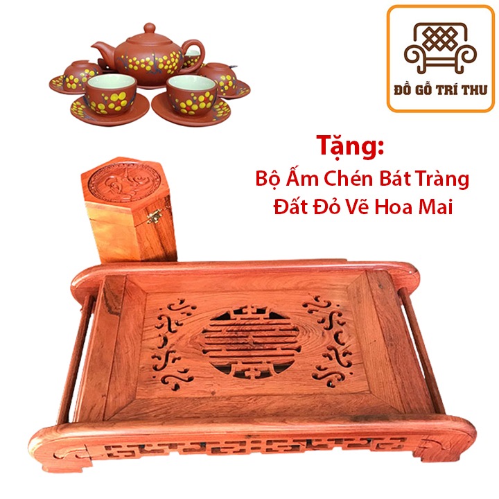 [ Tặng bộ ấm chén Bát Tràng ] Khay trà chân cuốn thư gỗ Hương
