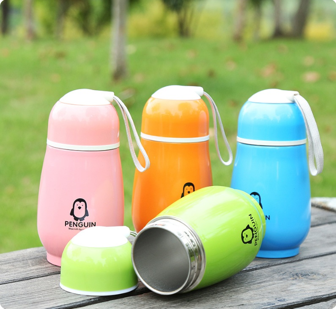 Bình nước giữ nhiệt inox 02 lớp chim cánh cụt peguin 300ml - lindu shop