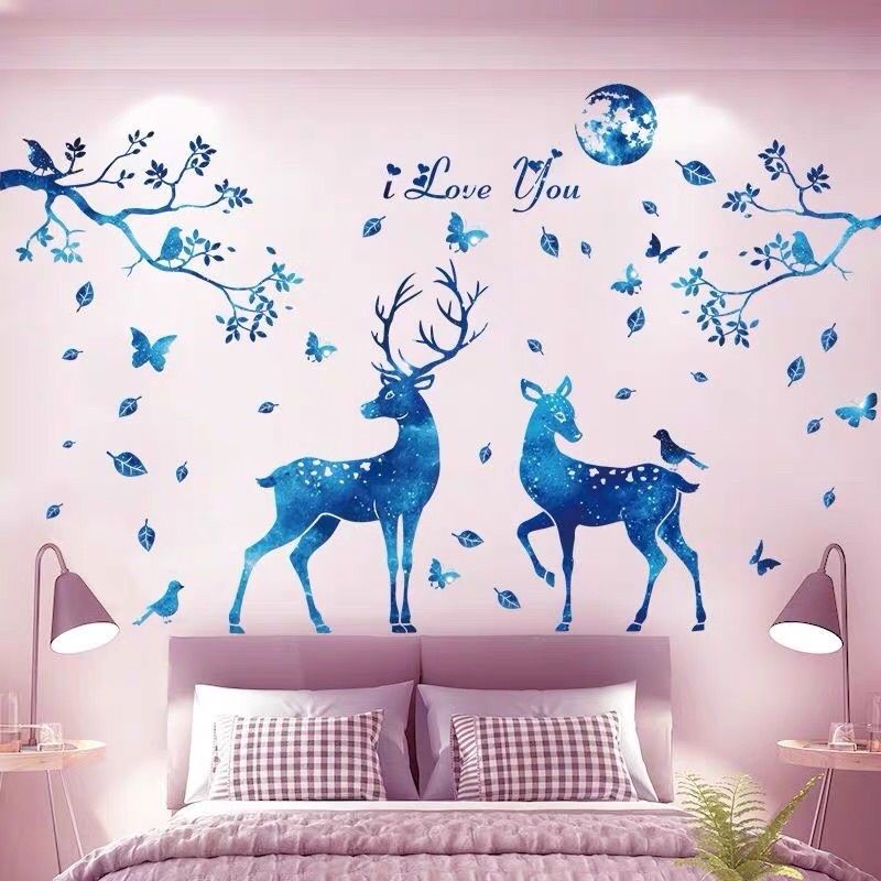 Decal dán tường đôi nai và hoa hồng xanh