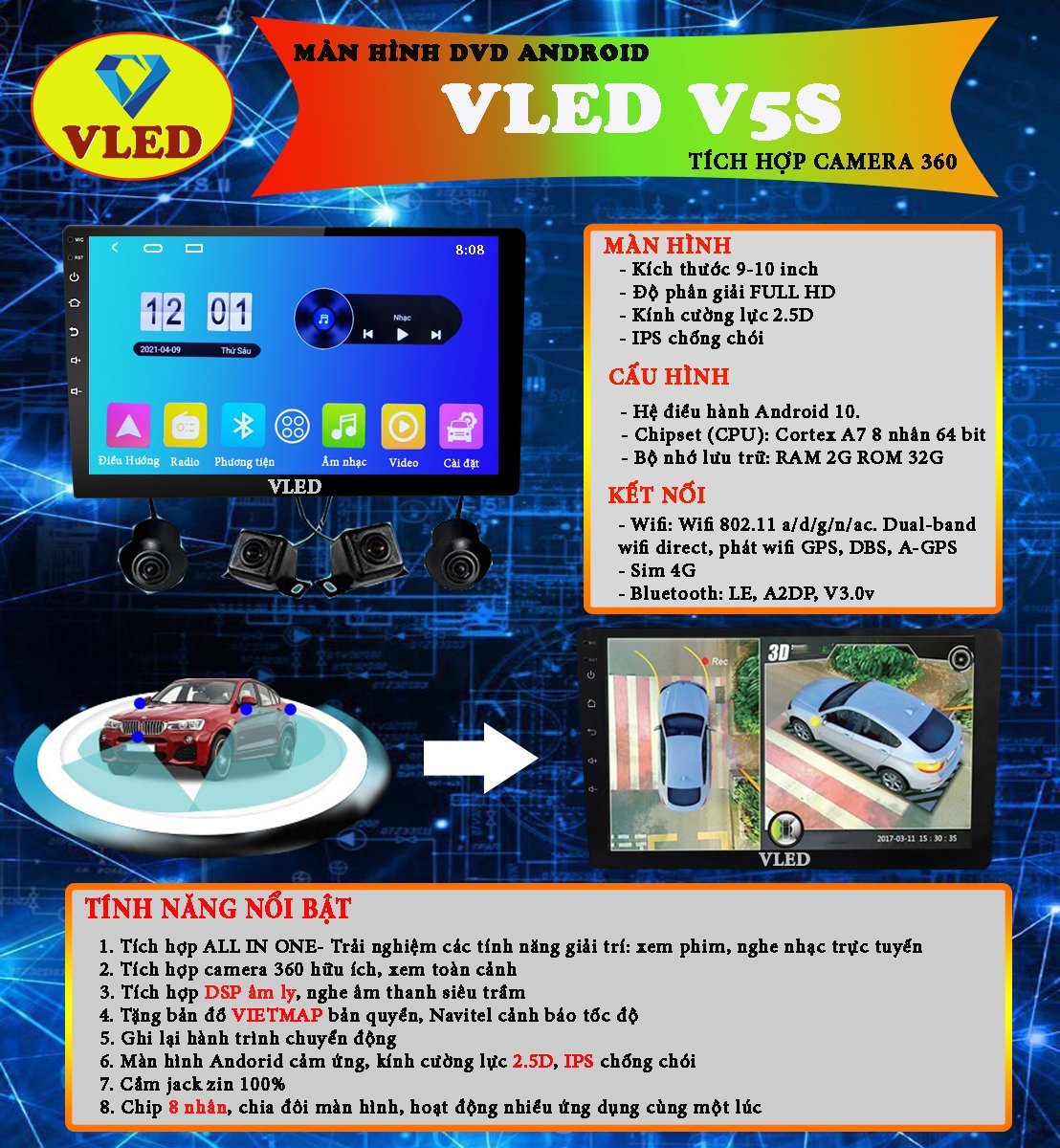 Màn hình liền camera 360 3D toàn cảnh VLED V6S RAM 4G ROM 32G chất lượng FULL HD 1280x720 chíp 8 nhân tốc độ xử lý cao CHIA ĐÔI MÀN HÌNH với 4 mắt camera SONNY 225 siêu nét, Camera 360 độ ô tô , camera 360 cho ô tô - UY TÍN 166