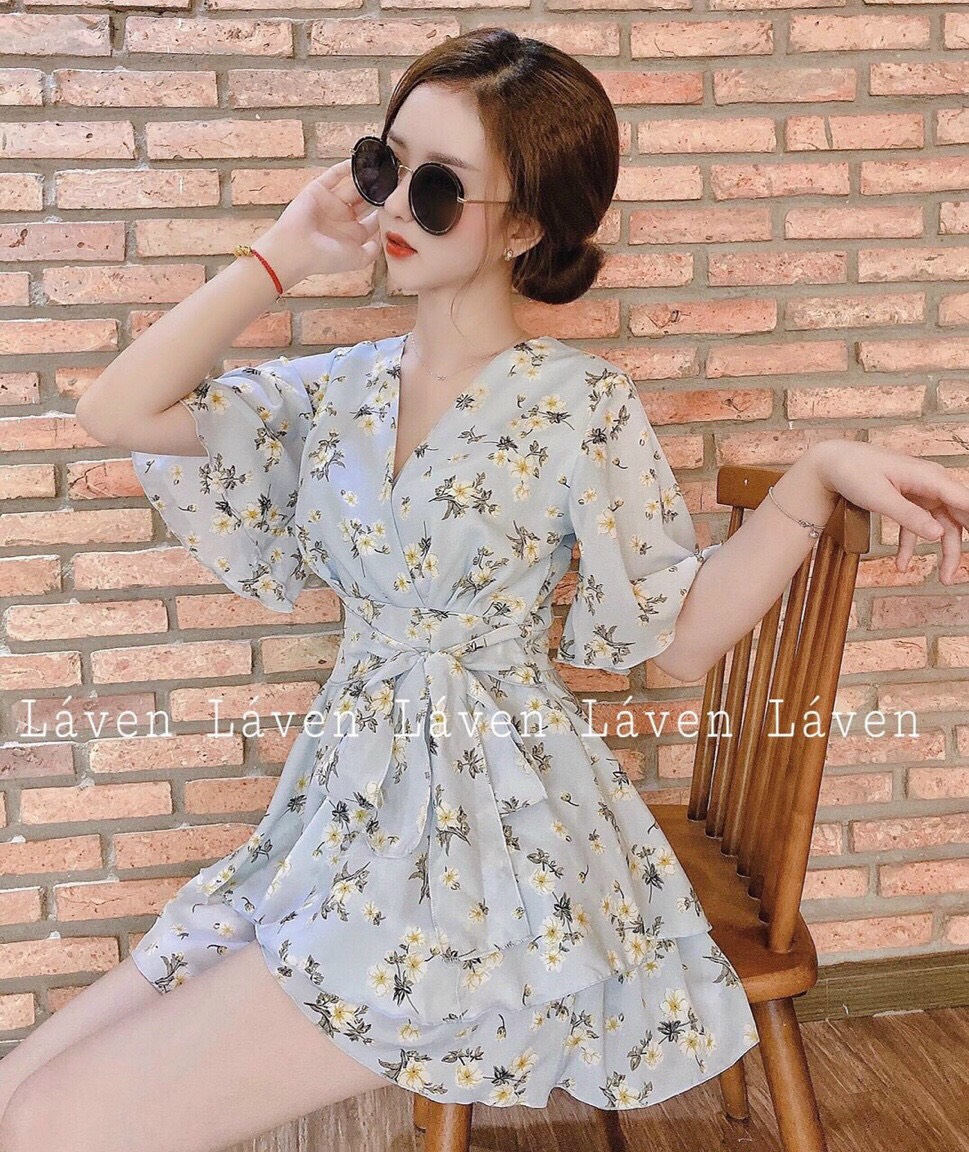Đầm Lụa hoa Cổ V Cột Nơ Eo Belle Fashion