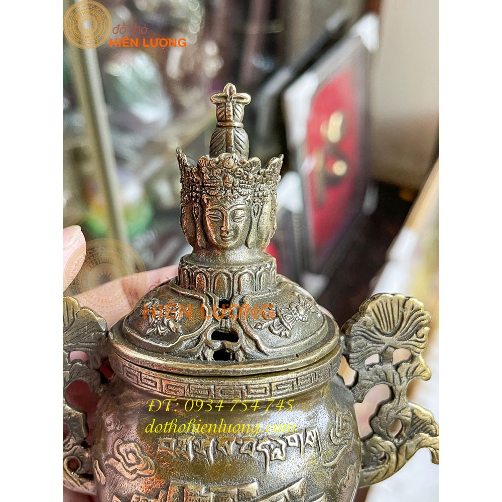 Lư Xông Trầm Phật Tứ Diện Bằng Đồng Cao 15cm MÀu Hun Giả Cổ