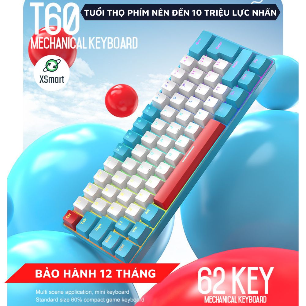 Bàn Phím Cơ RGB Led 18 Chế Độ Có Dây T60 Trục Cơ Red Switch Gõ Êm Giảm Ồn Layout 62 Phím Nhỏ Gọn Có HOTSWAP Cao Cấp Dùng Cho Máy Tính/ Laptop/ PC