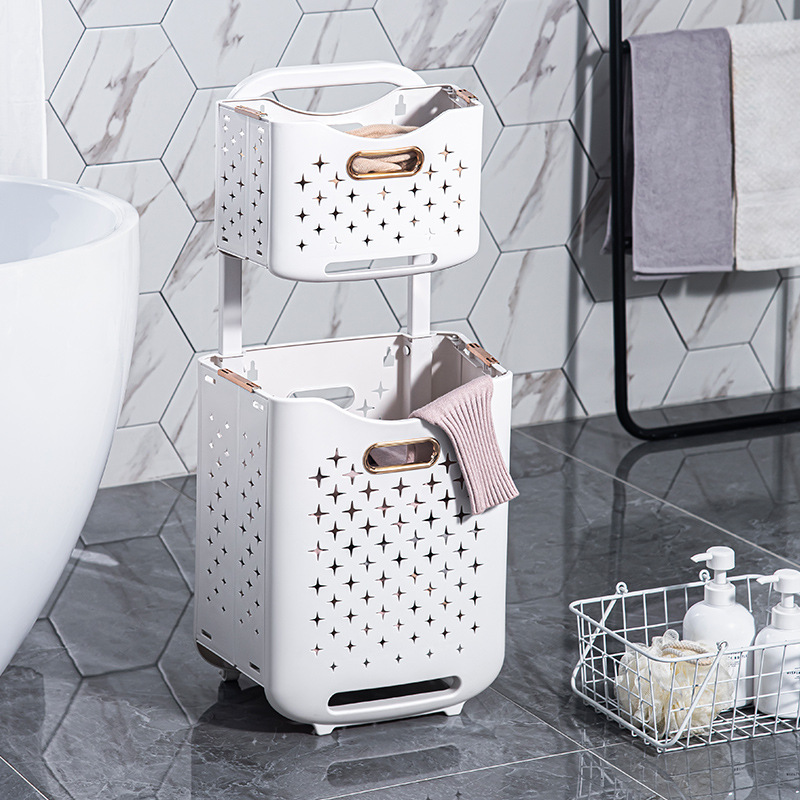 Giỏ đựng quần áo đa năng có bánh xe có thể gắn tường - Kệ nhựa 2 tầng đựng đồ thiết kế thông minh gấp gọn