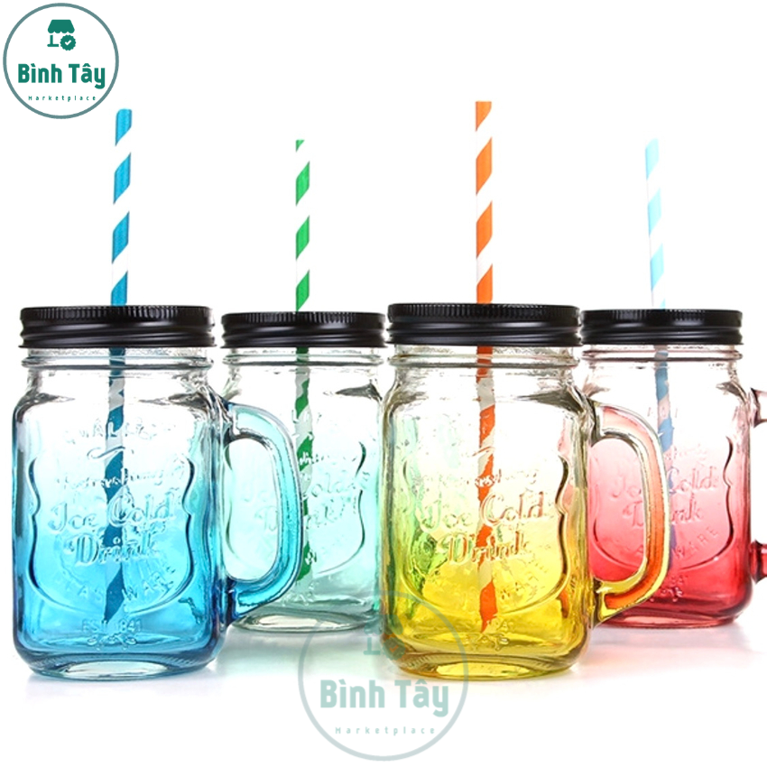 Ly quai thủy tinh màu chữ nổi cute có nắp 450ml + Tặng kèm ống hút
