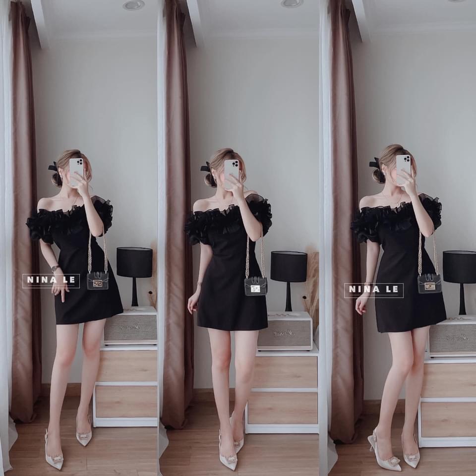 Đầm trể vai umi phối bèo, váy đầm tiểu thư trể vai, đầm dự tiêc, đầm tiểu thư, đầm nữ trể vai phối bèo dáng ngắn đi tiệc