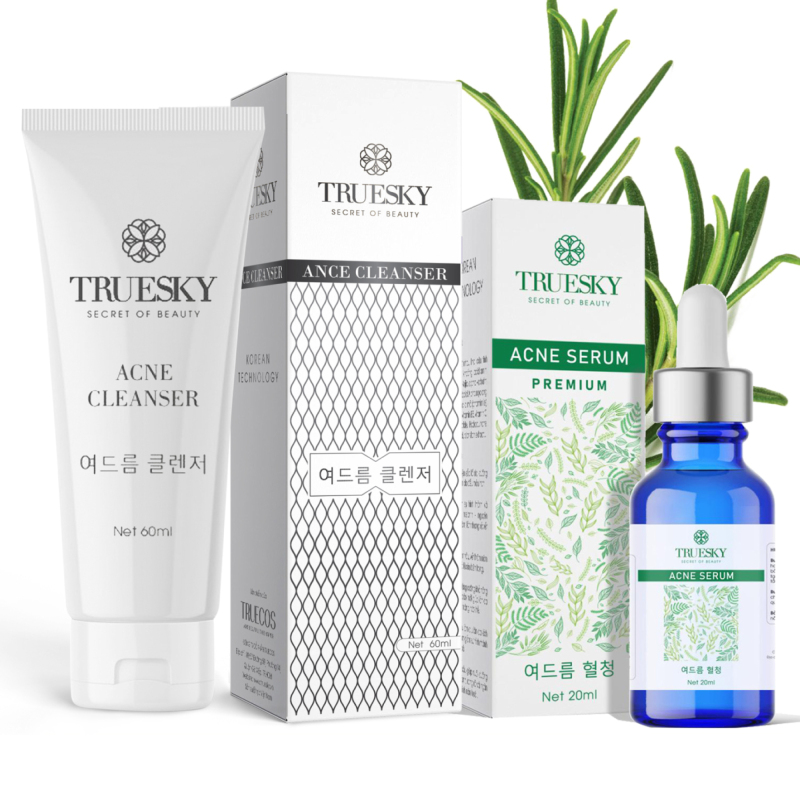 Bộ giảm mụn da mặt Truesky Premium gồm 1 serum giảm mụn tràm trà 20ml + 1 sữa rửa mặt tạo bọt than hoạt tính 60ml