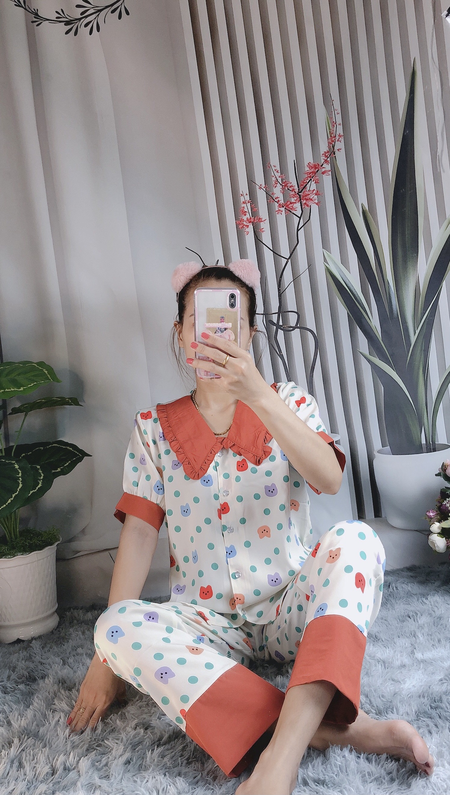 Pyjama vải Mango cổ phối - Hình chụp thật