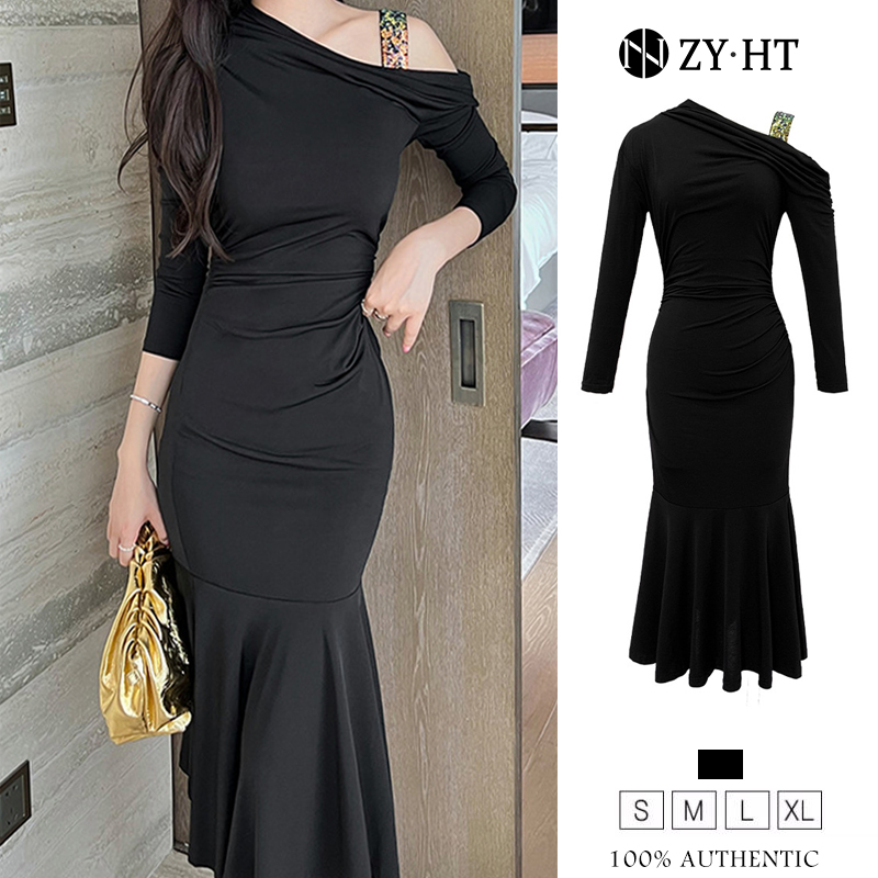 ZYHT đầm đuôi cá váy lệch vai vai dốc đầm body nữ ôm body sexy eravogue 10154