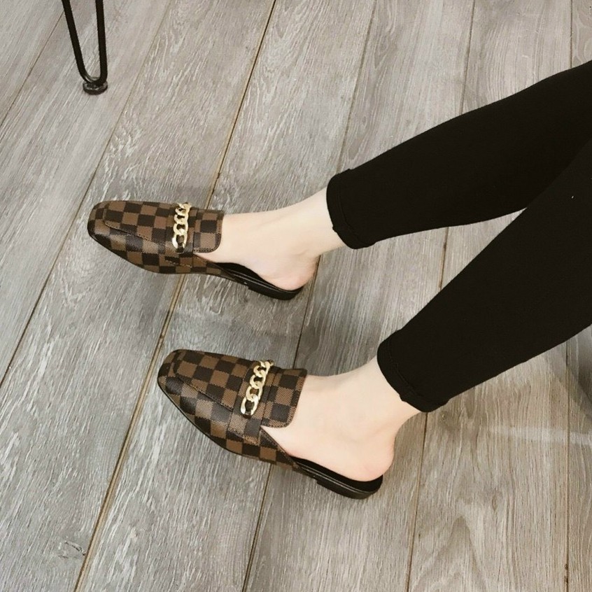 HÀNG SẴN dép nữ- sục nữ mũi vuông lv mix xích nhỏ gót 1,5cm sục xích lv