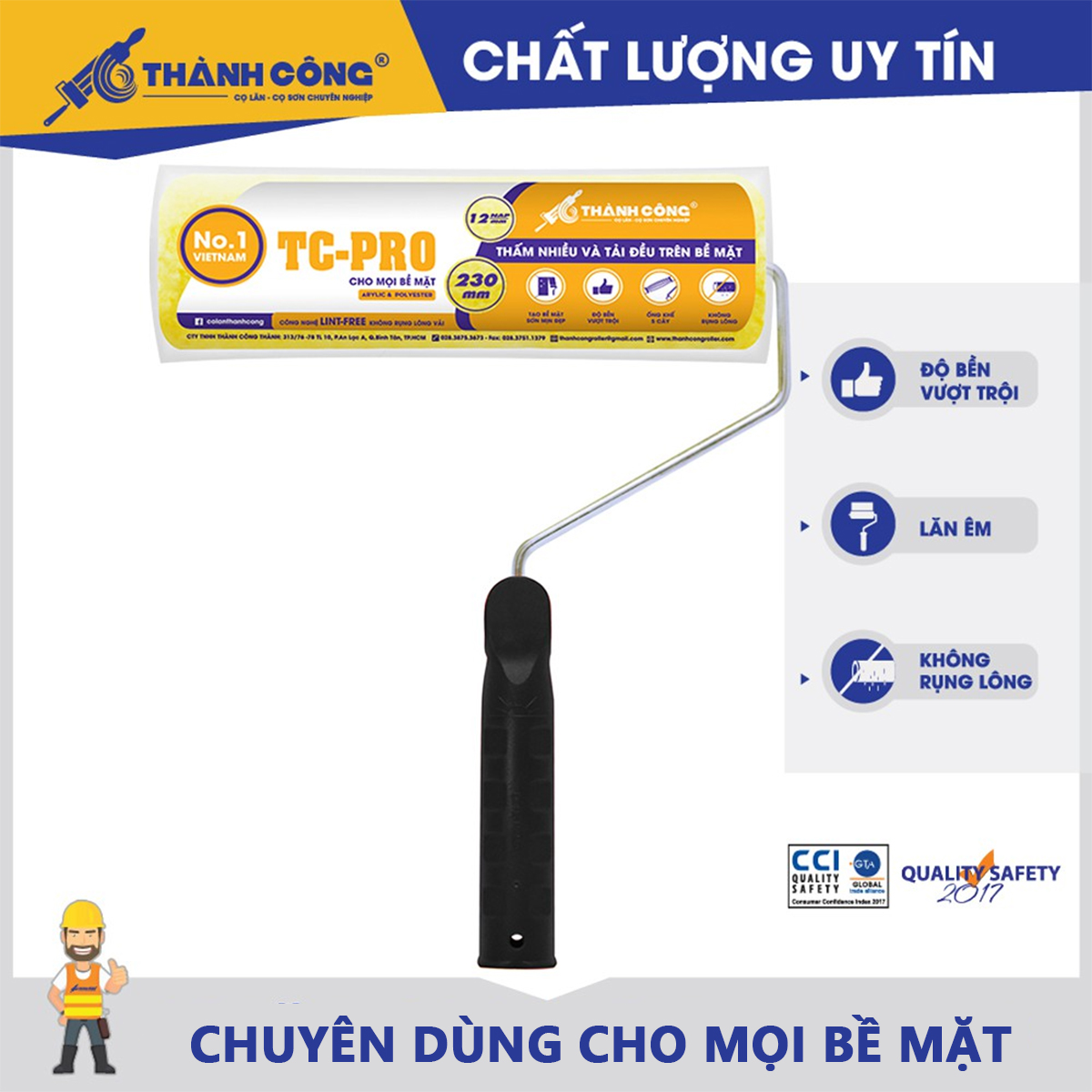 Cọ lăn sơn Thành Công TC-PRO con lăn sơn đa năng dùng cho mọi bề mặt, gồ ghề, sơn mịn, sơn bóng, sơn tường, ít hao sơn, thấm hút tốt, không rụng lông