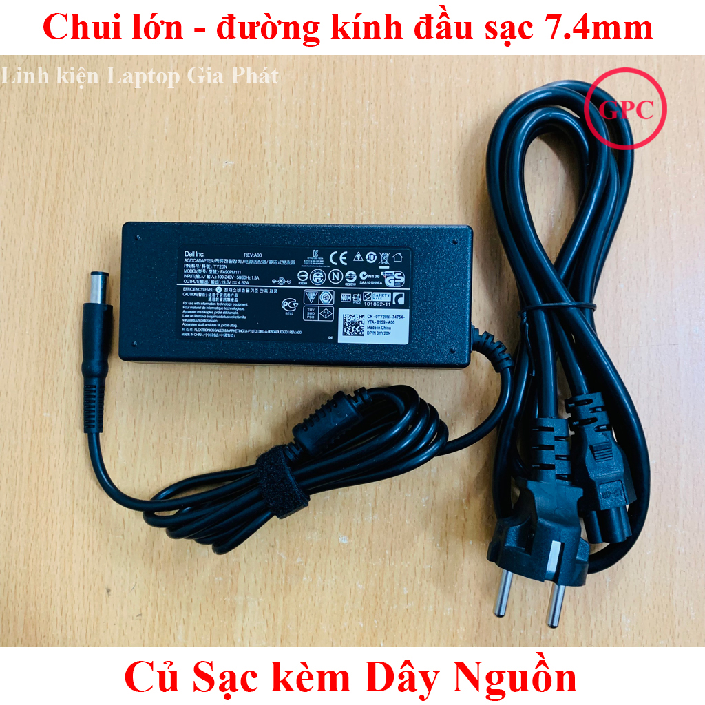Sạc Laptop DELL 19.5V - 4.62A - 90W thay cho Latitude E6520 E5520 E5530 E6540 E5440 E5540 Chân Kim To đường kính đầu sạc 7.4mm (ký hiệu Φ7.4x5.0mm)