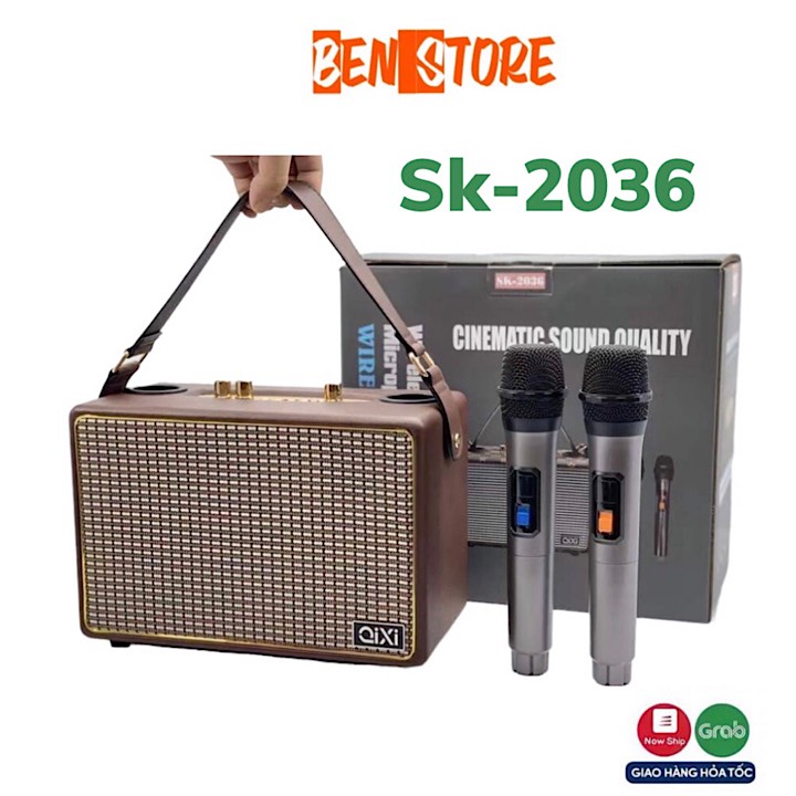 Loa bluetooth qixi sk-2036 kèm 2 micro karaoke chính hãng âm thanh siêu đỉnh tích hợp 2 micro bh 12 tháng