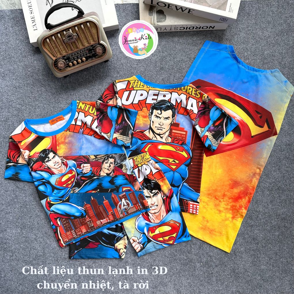 Đồ bộ bé trai siêu nhân, bộ bé trai người nhện 3D thun lạnh có choàng Jennie kids J470