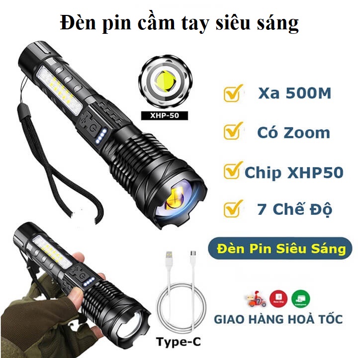 Đèn pin A76 siêu sáng chip COB Led tâm tròn 7 chế độ sáng, cổng sạc USB ...