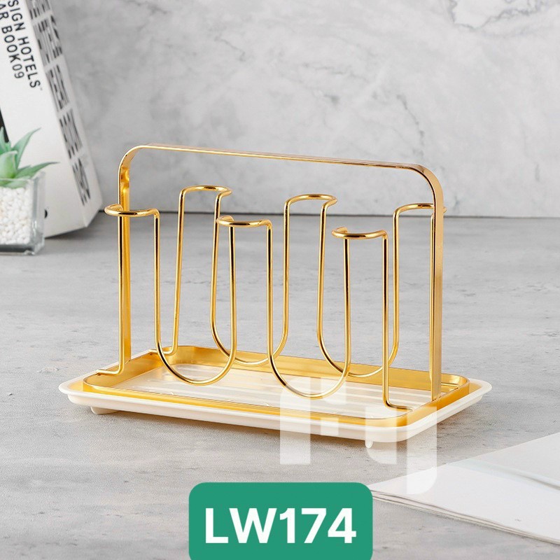 Giá úp ly, úp cốc màu vàng, Khay úp ly kèm lót khay nhựa màu trắng , khay đựng ly kiểu cực xinh - LW174