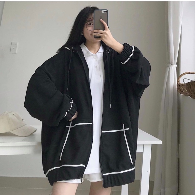 [HCM]áo khoác đen viền trắng ảnh thật unisex