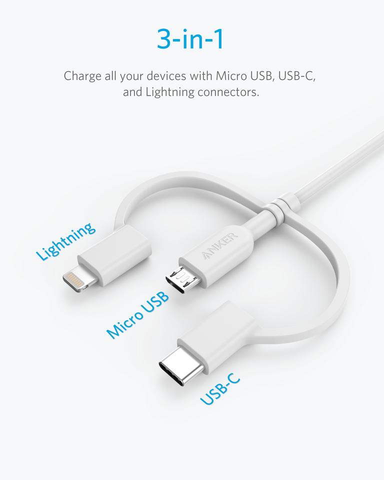 Cáp 3 in 1 ANKER Powerline II 0.9M - A8436 (Lightning - Type C - Micro USB)