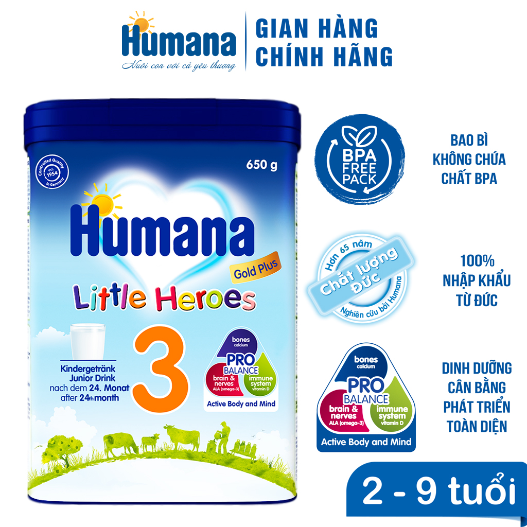 Sữa bột Humana Gold Plus 3 (1-9 Tuổi) 650g Mới (Date T7/23)