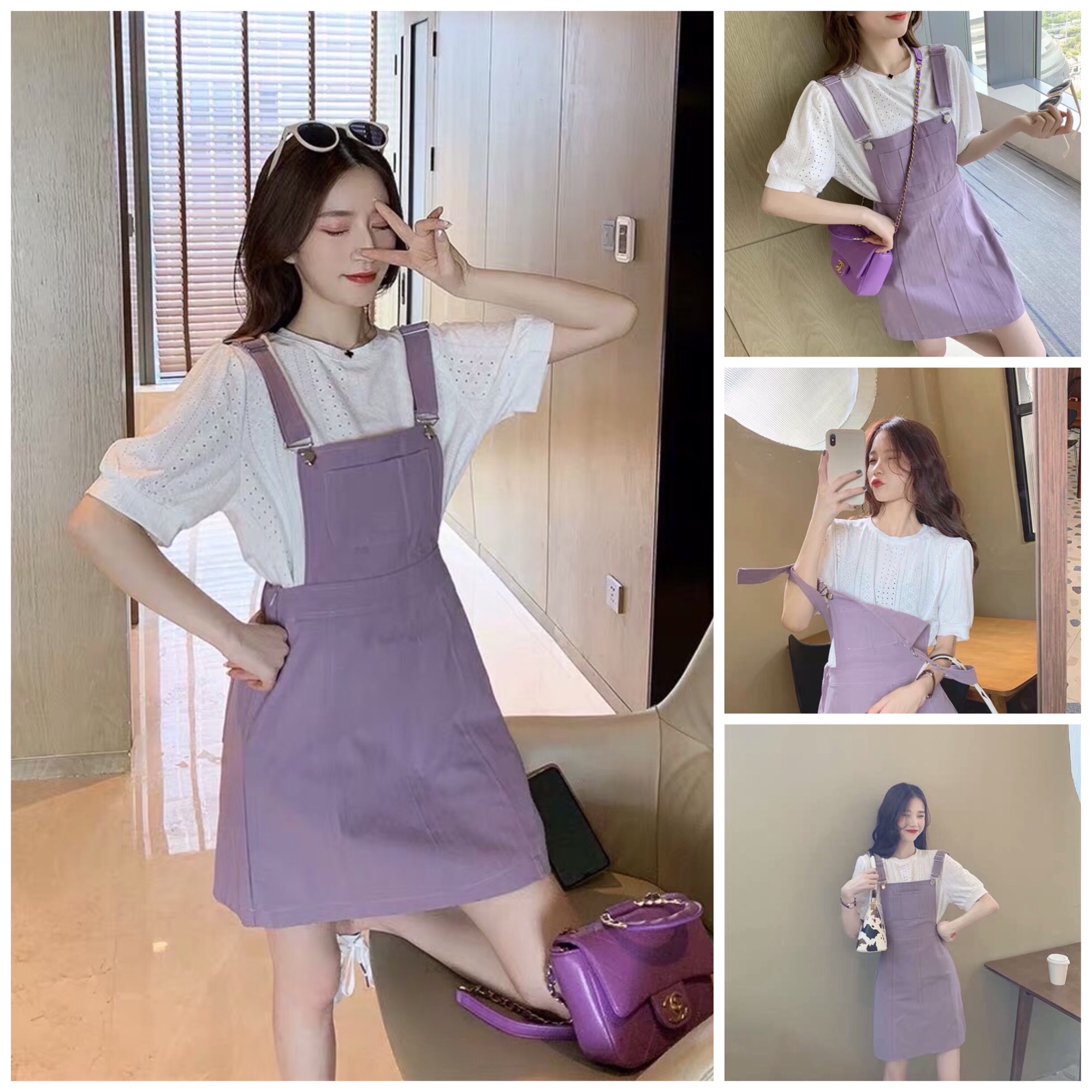 Set váy yếm màu tím áo xô trắng
