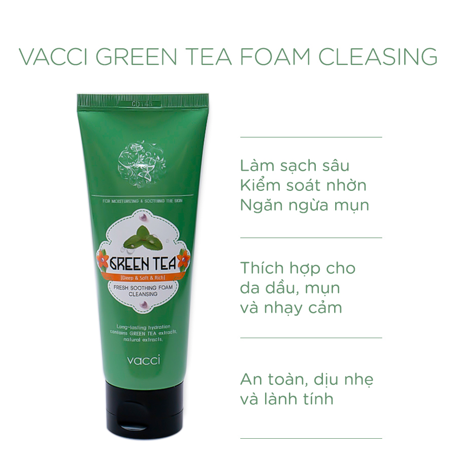 Sữa rửa mặt cho da dầu, mụn, nhạy cảm Trà Xanh Vacci