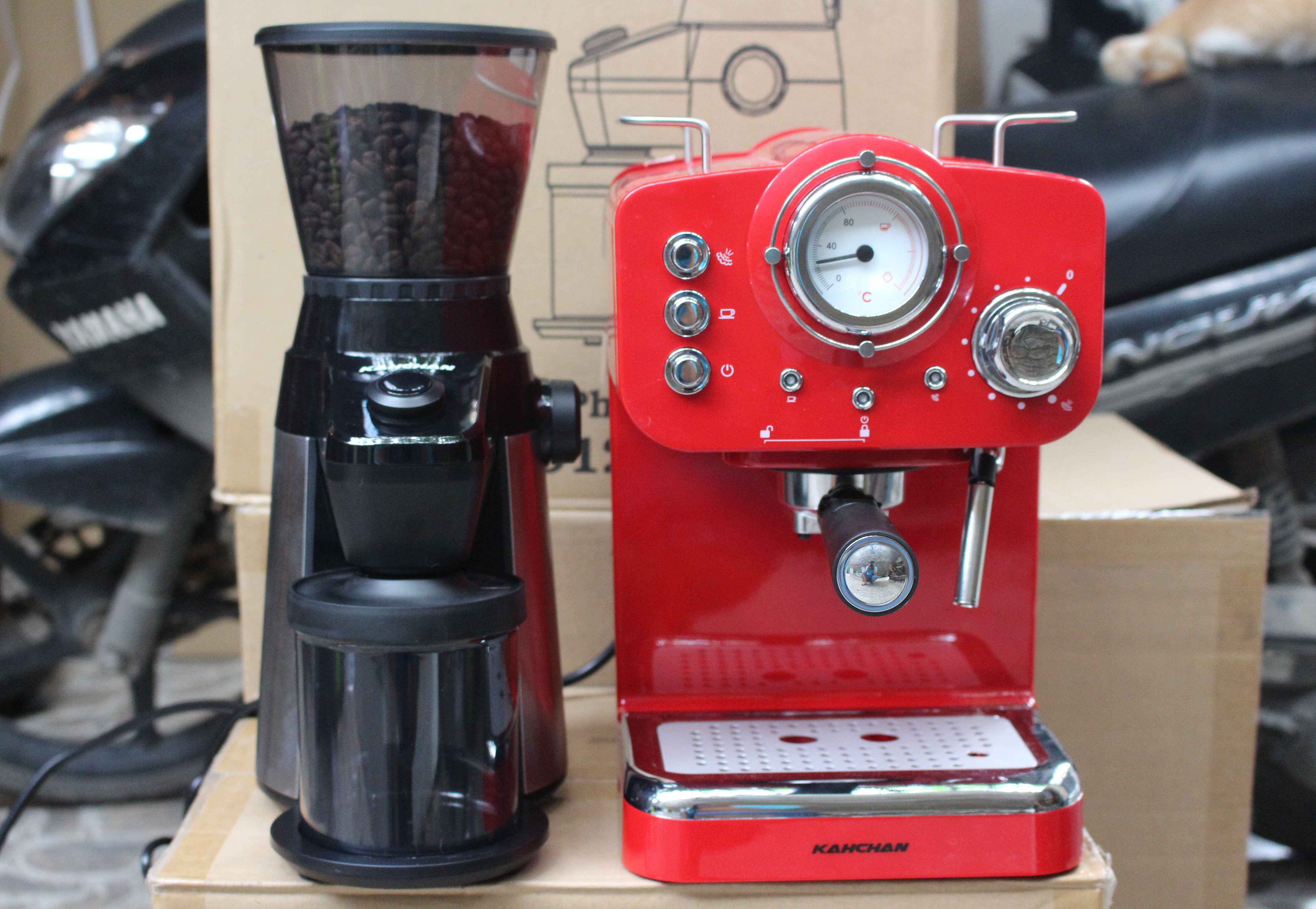 [Trả góp 0%]Combo máy pha cafe và máy xay cafe espresso kahchan