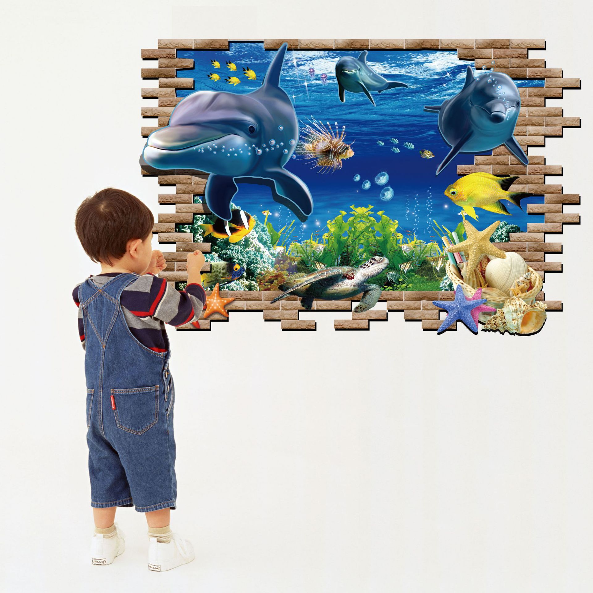 Decal dán tường Cá Heo 3D Sticker Tranh Dán Tường - AY9706 ,Decal dán tường động vật