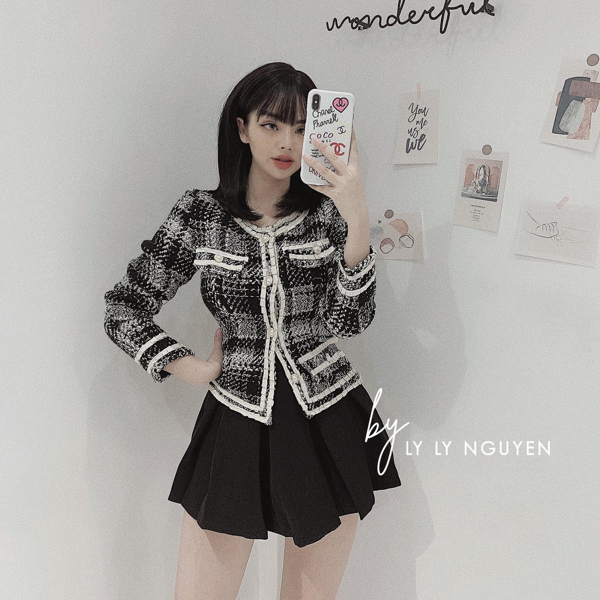 Áo dạ tweed kẻ ô chạy viền, nắp túi