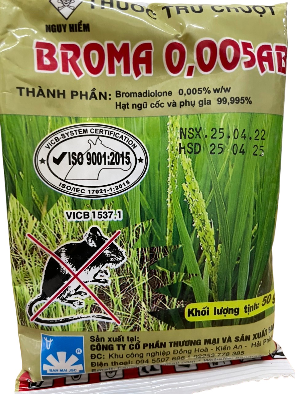 Bả diệt chuột sinh học thế hệ mới Broma 0,005AB; một con ăn hủy diệt cả đàn; tỷ lệ diệt chuột đạt tới 99%, an toàn khi sử dụng.