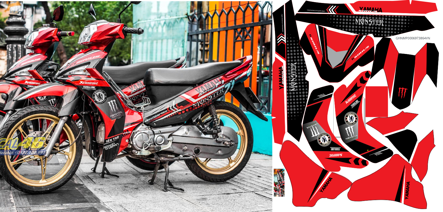 Tem trùm xe sirius Fi đỏ đen Monster, team dán xe máy sirius, team trùm sirius, team trùm sirius, tem xe sirius, tem trùm sirius, tem xe sirius Fi đỏ đen Monster