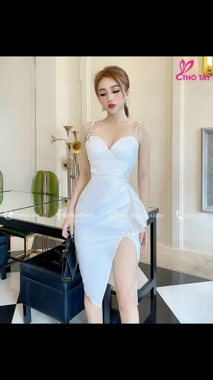Đầm body 2 dây bèo xẻ đùi-QH#dam