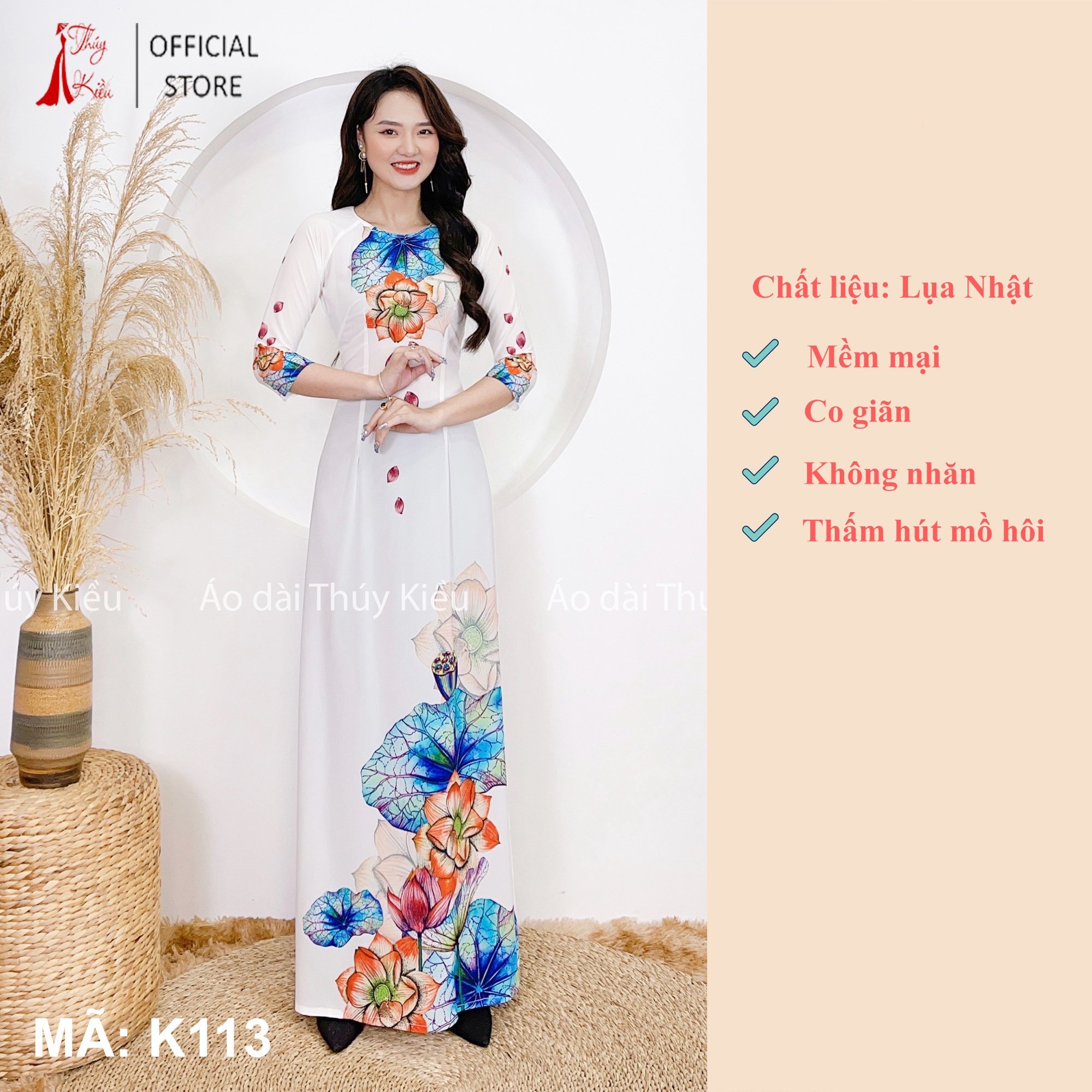 Áo dài trắng hoa sen nữ may sẵn thiết kế đẹp cách tân tết K113 Thúy Kiều mềm mại, co giãn, áo dài giá rẻ