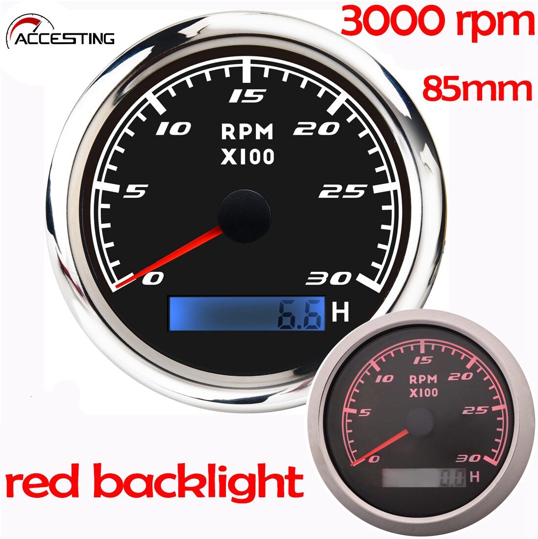 85mm 3000-8000 rpm tachometer gauge with red backlight 3000rpm 4000rpm 6000rpm 7000rpm 8000rpm rpm gauge digital tacho meter stainless steel 316 bezel gauges