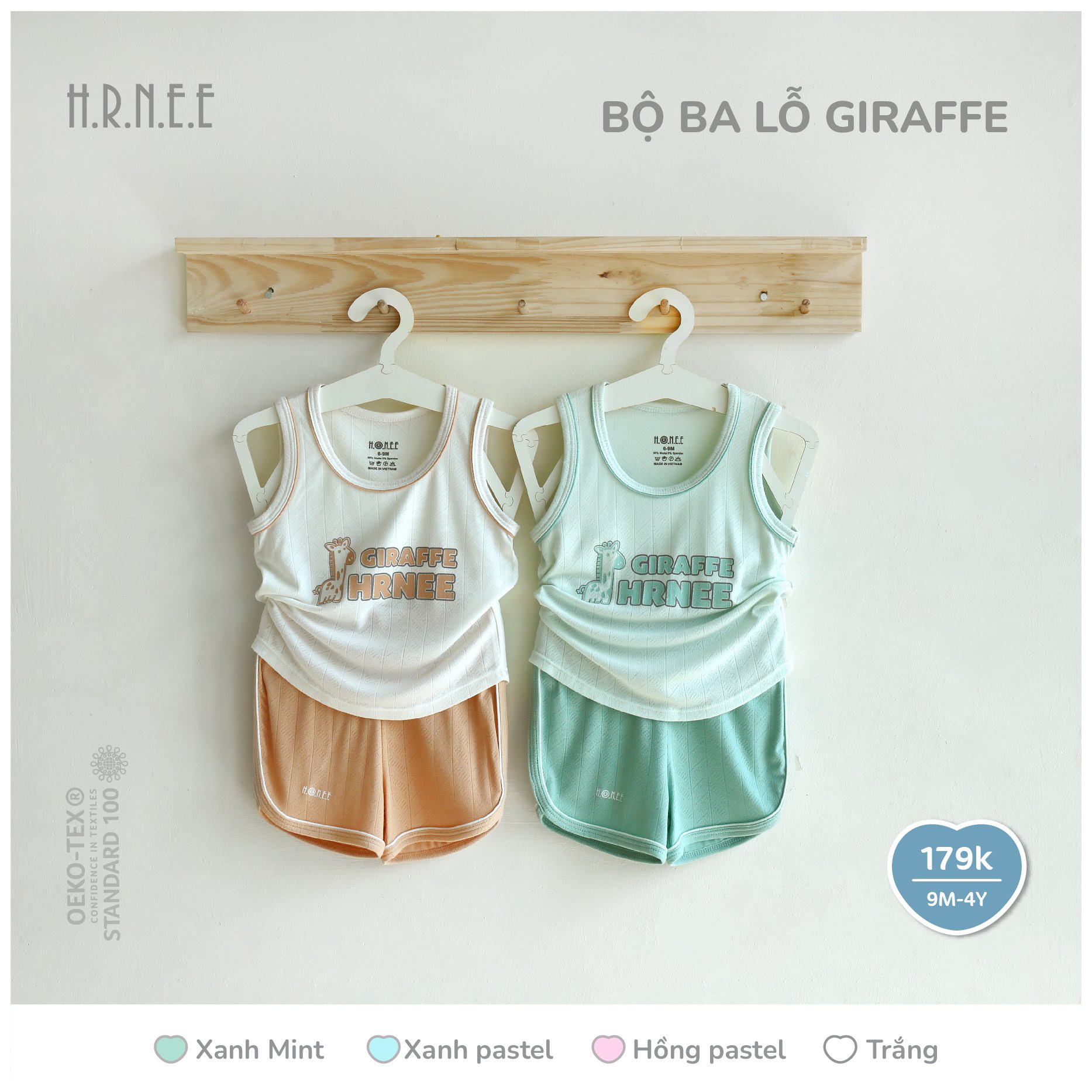 Bộ ba lỗ modal gỗ sồi Hrnee cho bé 9m - 4Y